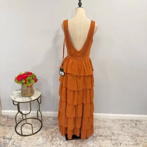 leena For Mac Duggal Burnt Orange Polka Dot Ruffle Tiered Maxi Gown - Reemoly